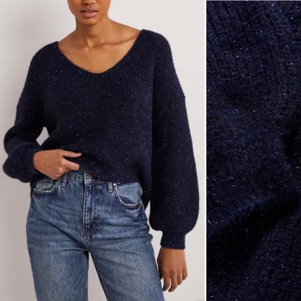 Boden Sparkle Sweater Ribbed Fluffy V-Neck Pullover Navy Chunky Oversized 14 NWT